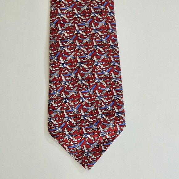 Beaufort Tie Rack Silk Tie Italy Red Multicolor Airplanes Clouds AOP W3.75 L59.5 - Picture 4 of 16